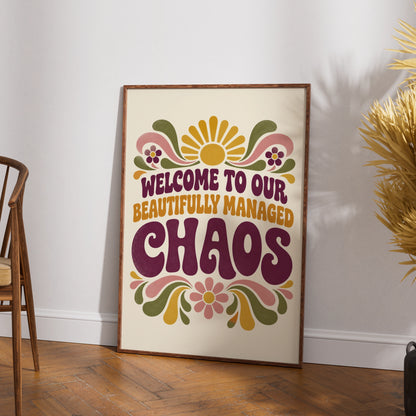 Beautifully Managed Chaos Retro Quote Print, Funny Home Wall Art, 70s Groovy