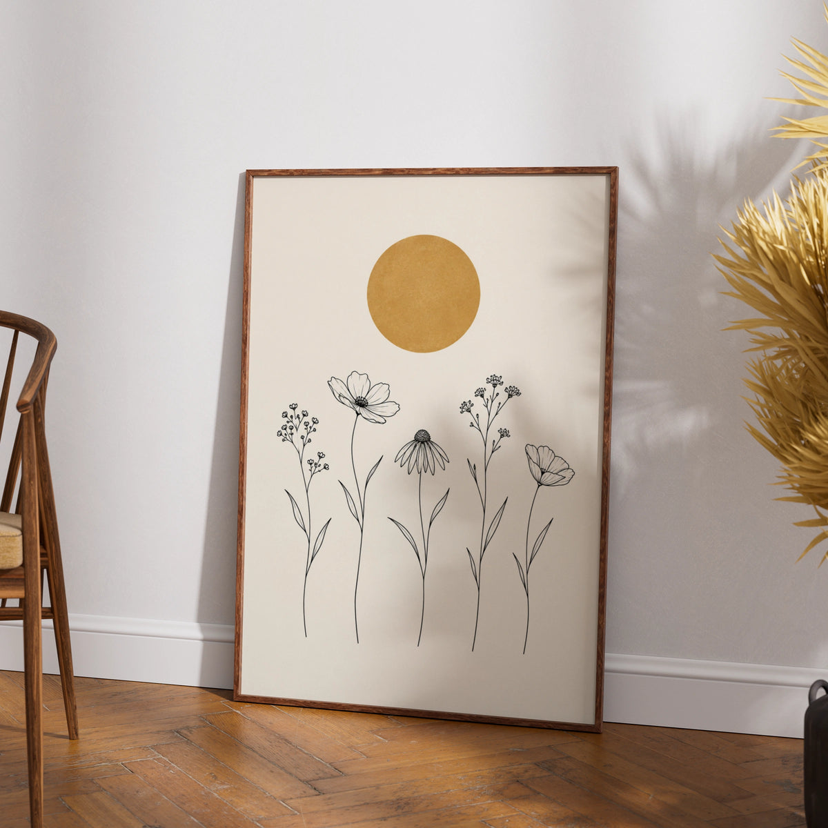 Wildflower Meadow Line Art Print, Gold Sun Botanical Wall Art, Minimalist Floral Poster