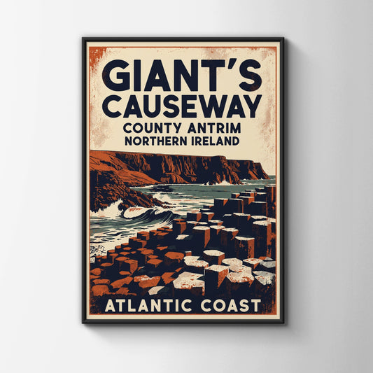 Giant's Causeway Poster, Northern Ireland Vintage Travel Print, County Antrim Wall Art