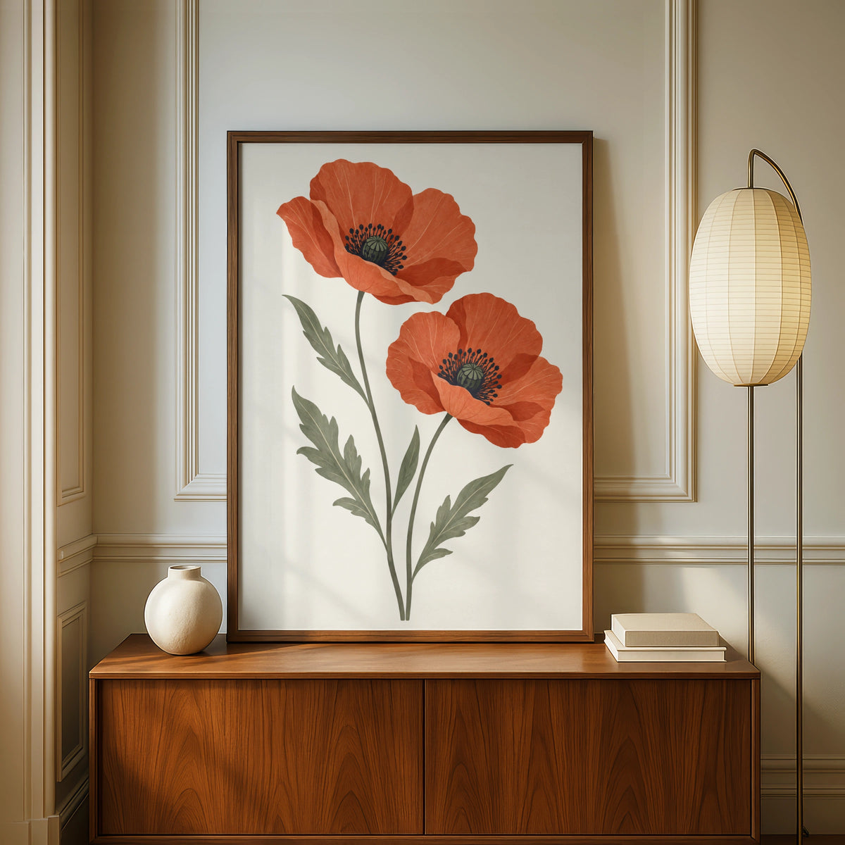Wild Poppy Pair Botanical Print, Red Poppy Flower Wall Art, Minimalist Floral Poster