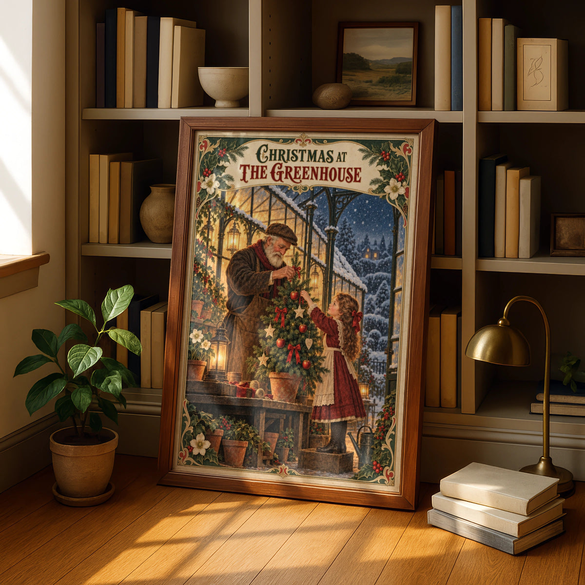 Christmas Greenhouse Vintage Poster, Victorian Holiday Wall Art, Festive Winter Print