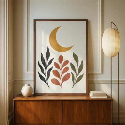 Ochre Moon Garden Botanical Poster, Boho Crescent Moon Wall Art, Terracotta Leaf Print