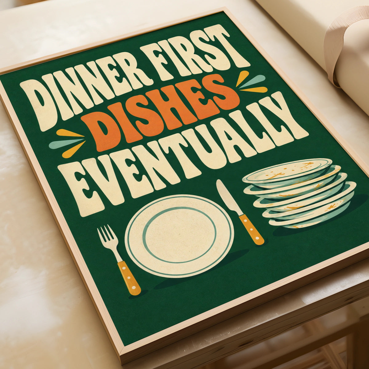 Dinner First Dishes Eventually Funny Kitchen Poster, Retro Green Wall Art Print