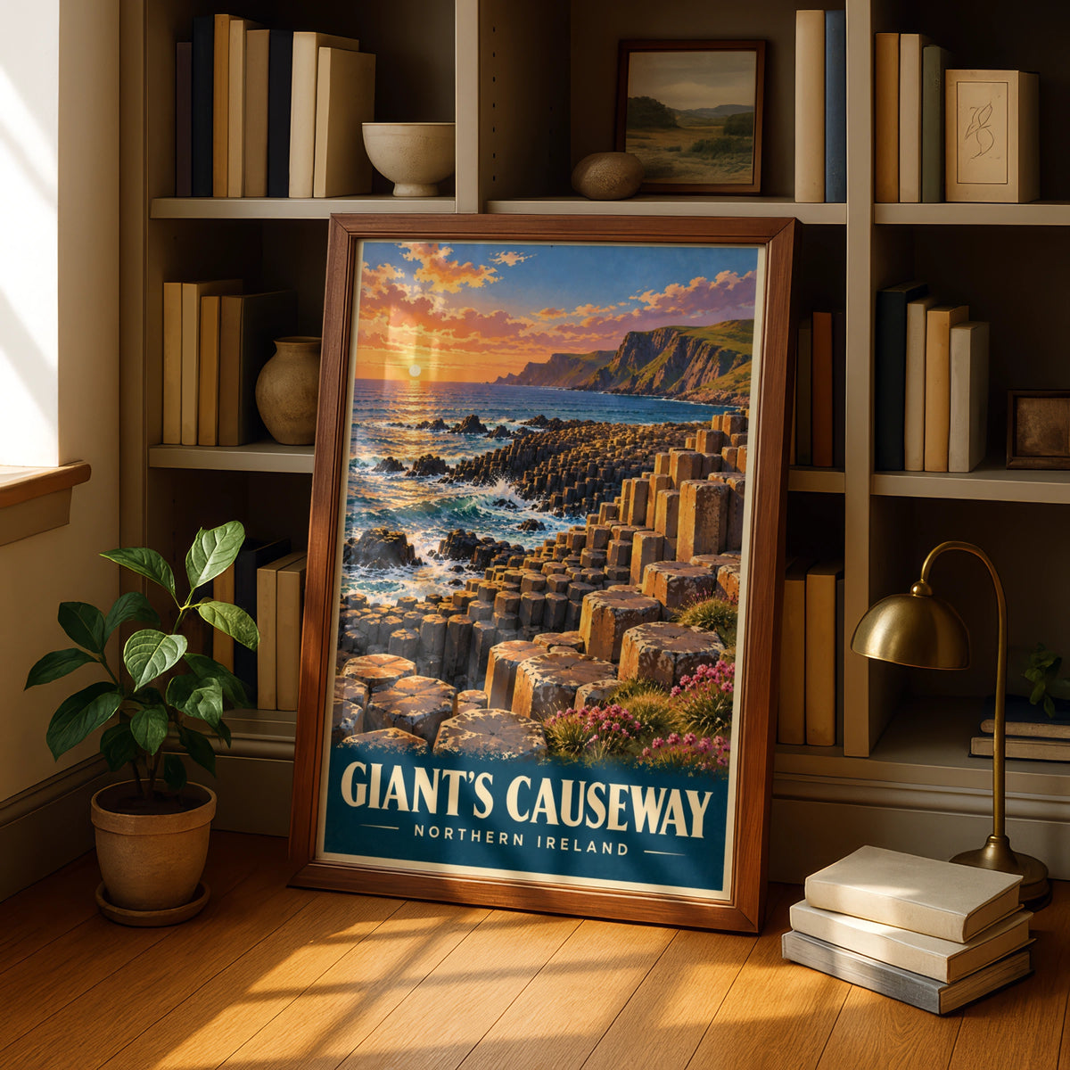 Giant's Causeway Poster, Northern Ireland Travel Print, Retro Coastal Wall Art, Sunset Basalt