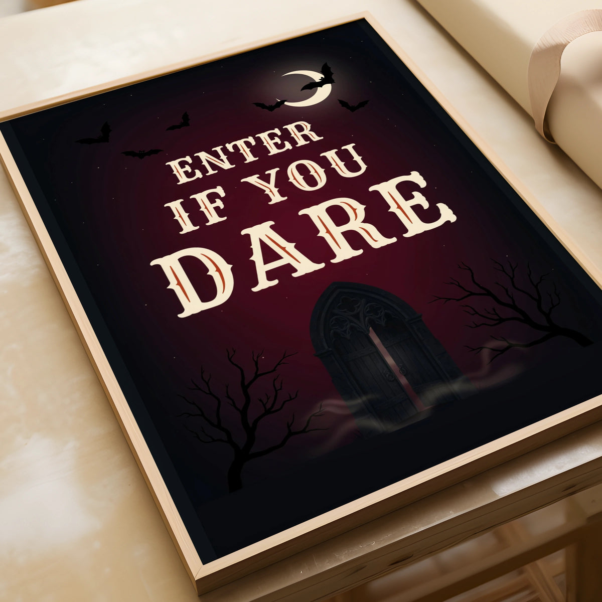 Enter If You Dare Halloween Poster, Spooky Gothic Wall Art, Dark Red Bat Moon Print
