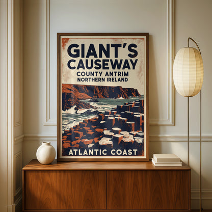 Giant's Causeway Poster, Northern Ireland Vintage Travel Print, County Antrim Wall Art