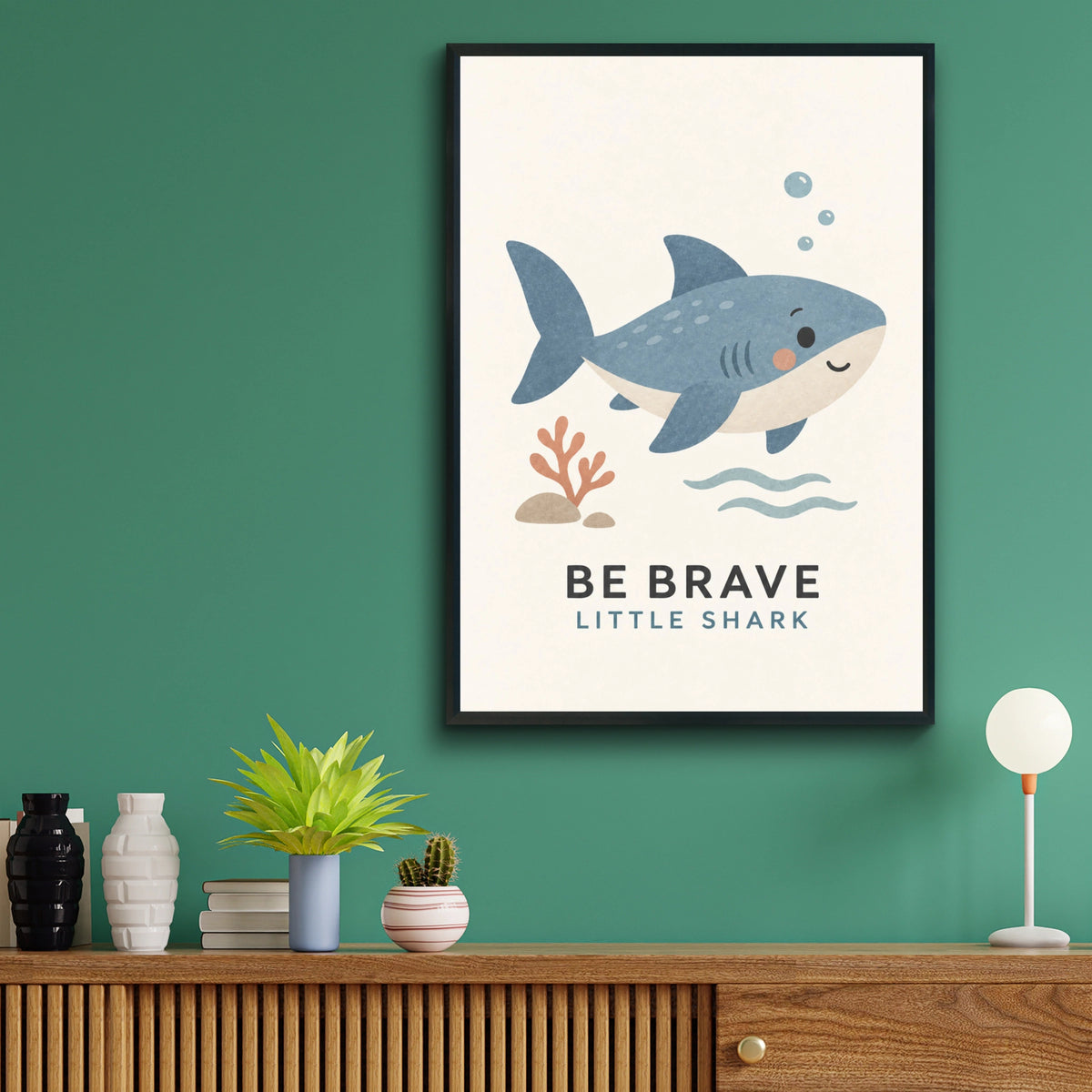 Be Brave Little Shark Nursery Print, Cute Ocean Wall Art, Kids Room Poster, Blue