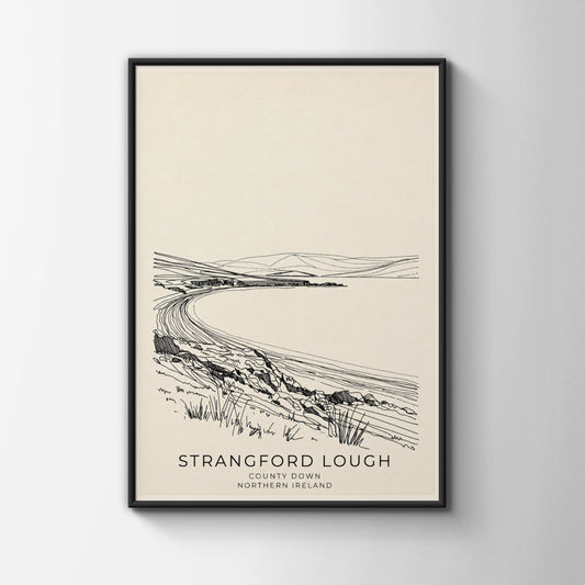 Strangford Lough Poster, County Down Northern Ireland Wall Art, Line Drawing Print