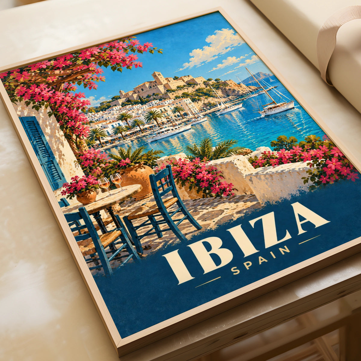 Ibiza Spain Travel Poster, Mediterranean Harbour Wall Art, Vintage Style Print