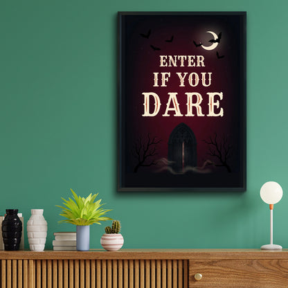 Enter If You Dare Halloween Poster, Spooky Gothic Wall Art, Dark Red Bat Moon Print