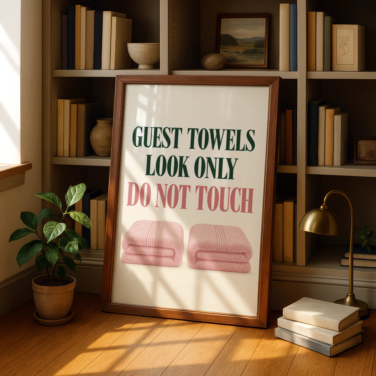 Guest Towels Look Only Do Not Touch Funny Bathroom Poster, Pink Green Wall Art
