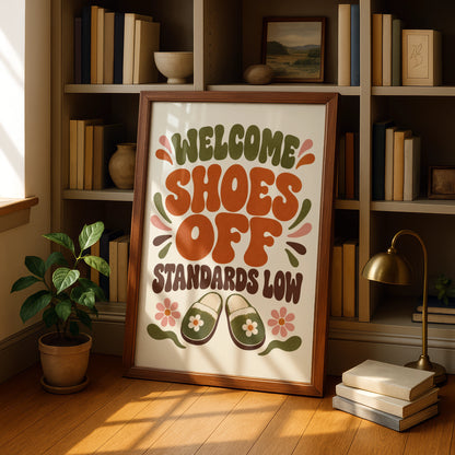 Welcome Shoes Off Standards Low Funny Hallway Print, Retro Home Humour Wall Art