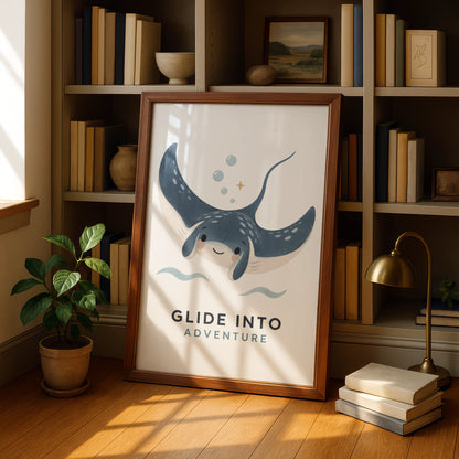 Glide Into Adventure Stingray Poster, Cute Ocean Kids Wall Art, Blue Nursery Print