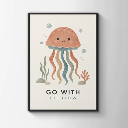 Go With The Flow Jellyfish Poster, Cute Ocean Kids Wall Art, Boho Nursery Print