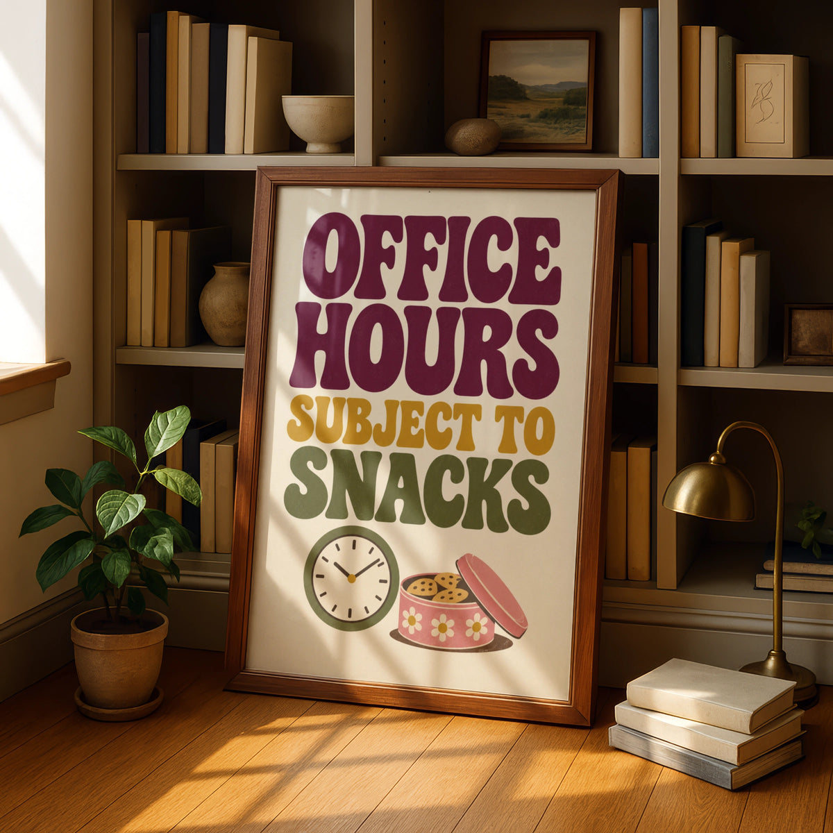 Office Hours Subject To Snacks Poster, Funny Work Quote, Retro Home Office Wall Art