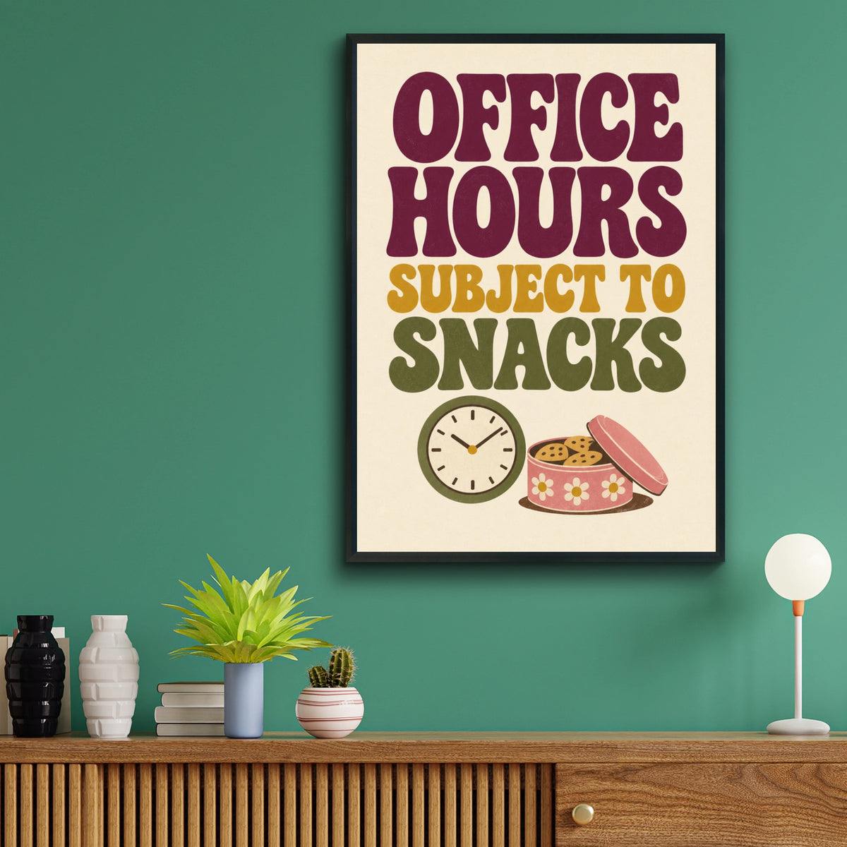 Office Hours Subject To Snacks Poster, Funny Work Quote, Retro Home Office Wall Art