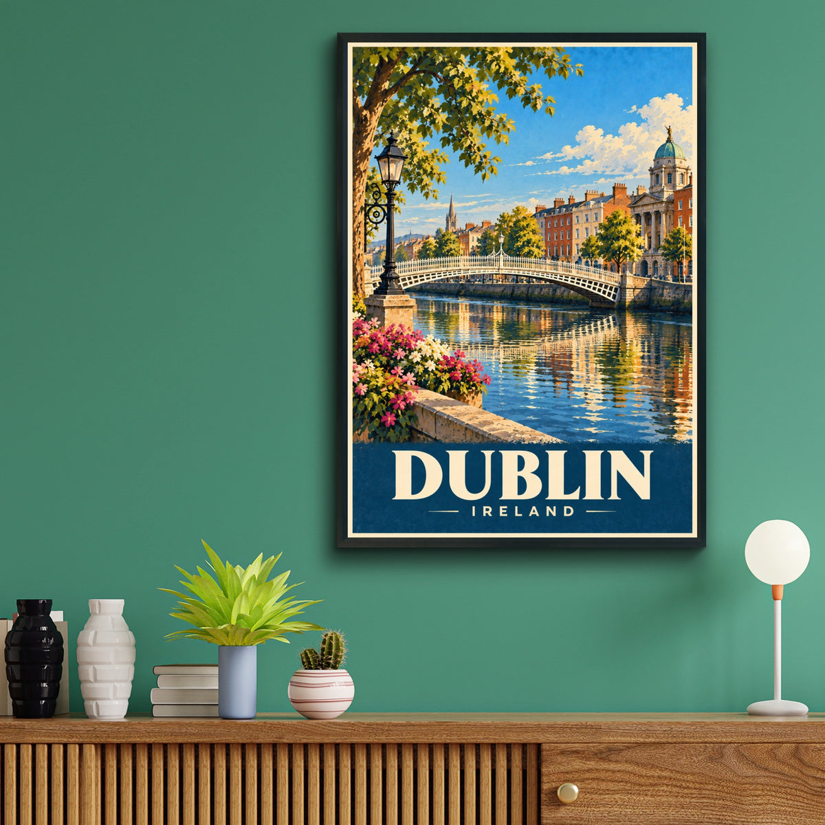 Dublin Ireland Travel Poster, Ha'penny Bridge Wall Art, Vintage Irish City Print