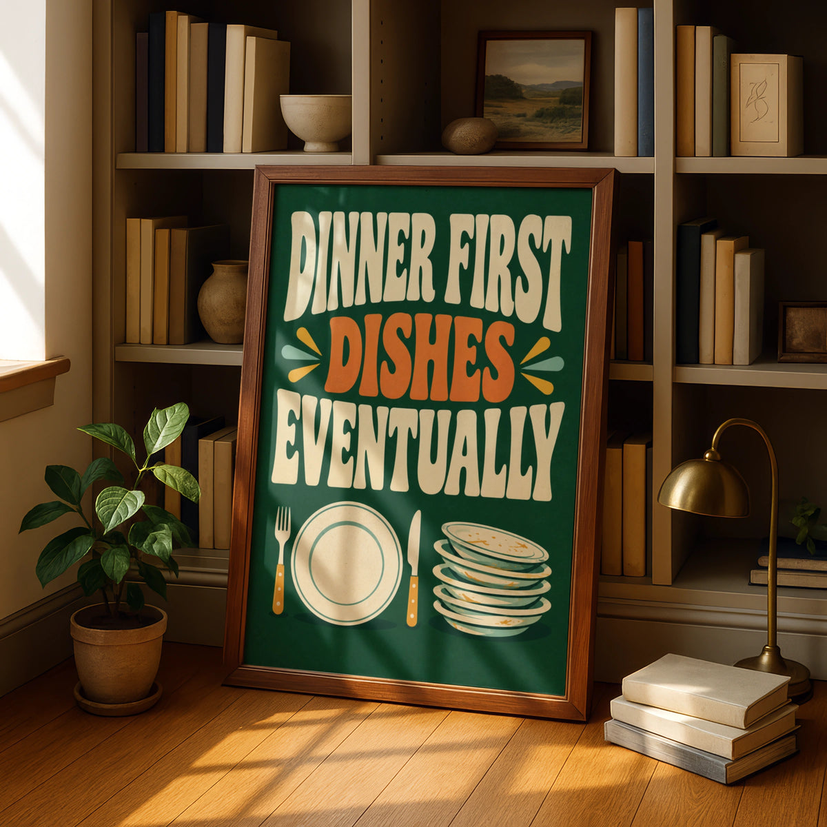 Dinner First Dishes Eventually Funny Kitchen Poster, Retro Green Wall Art Print