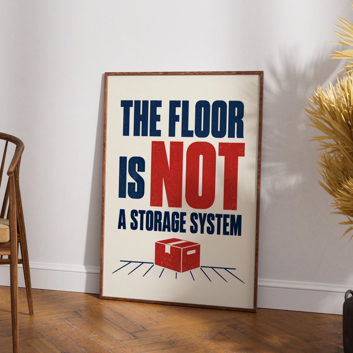 The Floor Is Not A Storage System Funny Home Humour Poster, Navy Red Typography Print