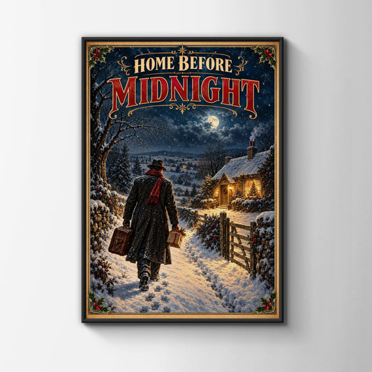 Home Before Midnight Winter Christmas Poster, Vintage Snowy Cottage Wall Art, Retro Holiday Print