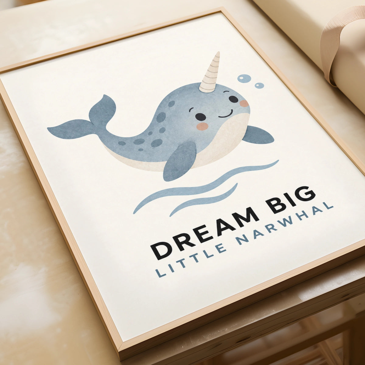 Dream Big Little Narwhal Poster, Cute Ocean Nursery Wall Art, Blue Kids Print