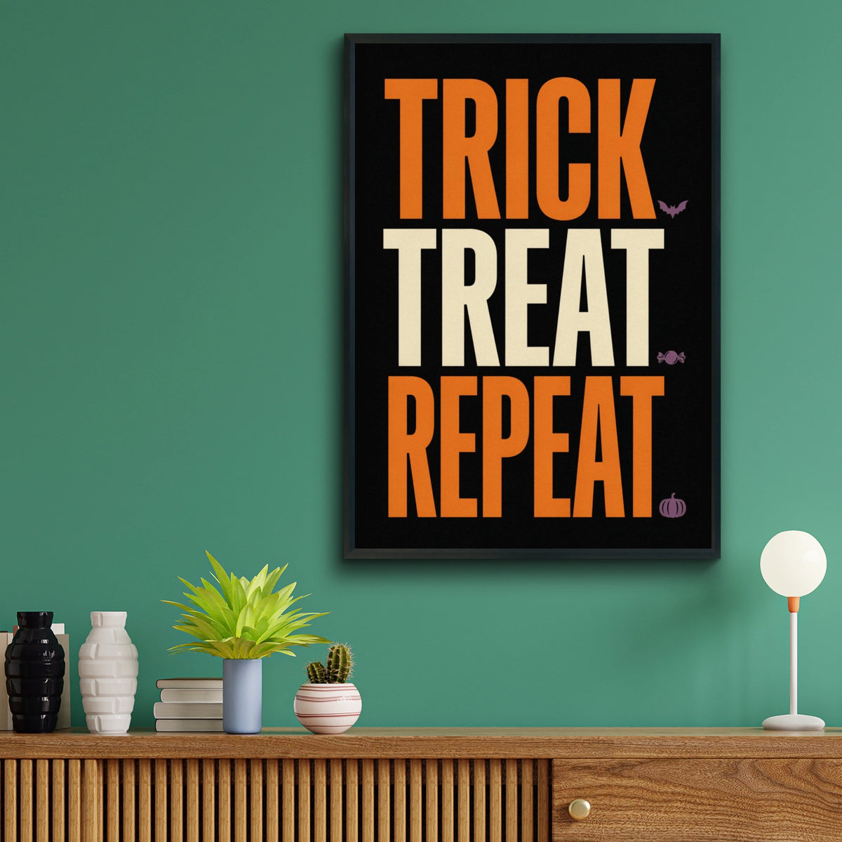 Trick Treat Repeat Halloween Poster, Bold Typography Wall Art, Orange Black Decor