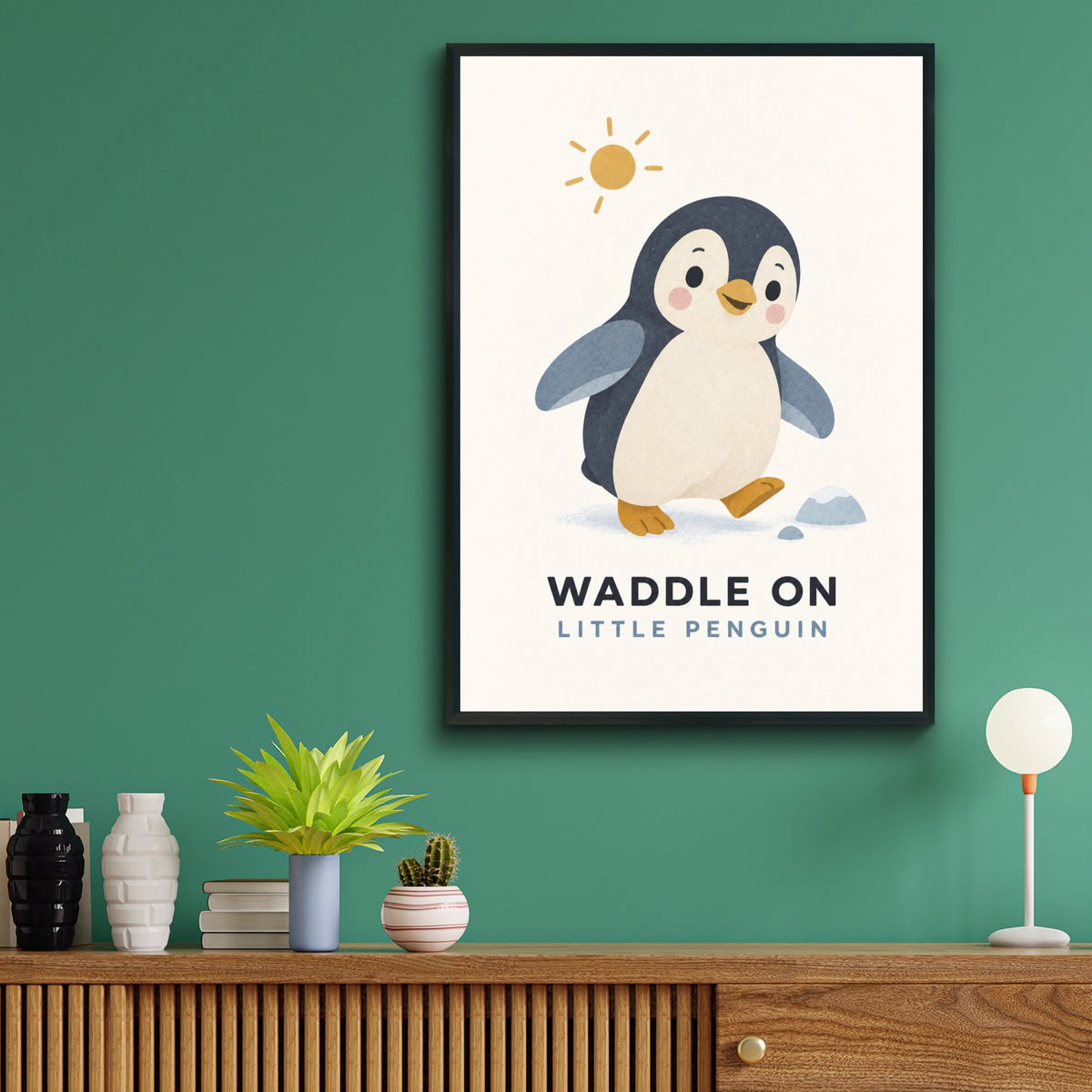 Waddle On Little Penguin Poster, Cute Animal Nursery Wall Art, Kids Room Print
