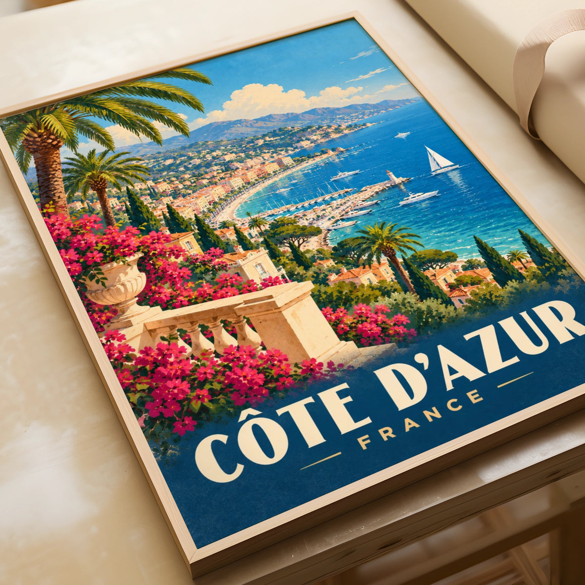 Cote d'Azur France Travel Poster, Retro French Riviera Wall Art, Mediterranean Print