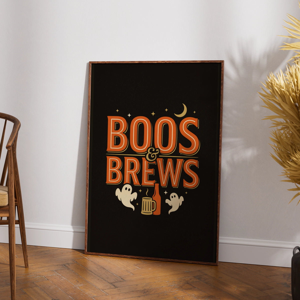 Boos and Brews Halloween Poster, Ghost Beer Print, Spooky Bar Wall Art, Orange Black
