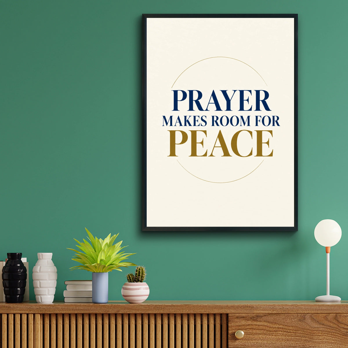 Prayer Makes Room For Peace Poster, Christian Faith Wall Art, Navy Gold Quote Print