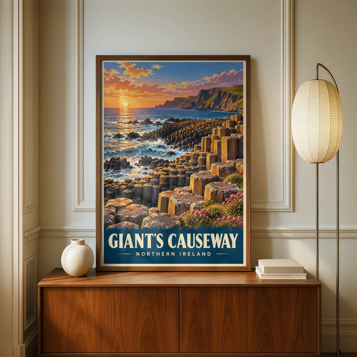Giant's Causeway Poster, Northern Ireland Travel Print, Retro Coastal Wall Art, Sunset Basalt