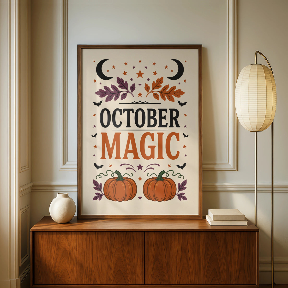 October Magic Halloween Poster, Autumn Pumpkin Wall Art, Witchy Celestial Seasonal Print