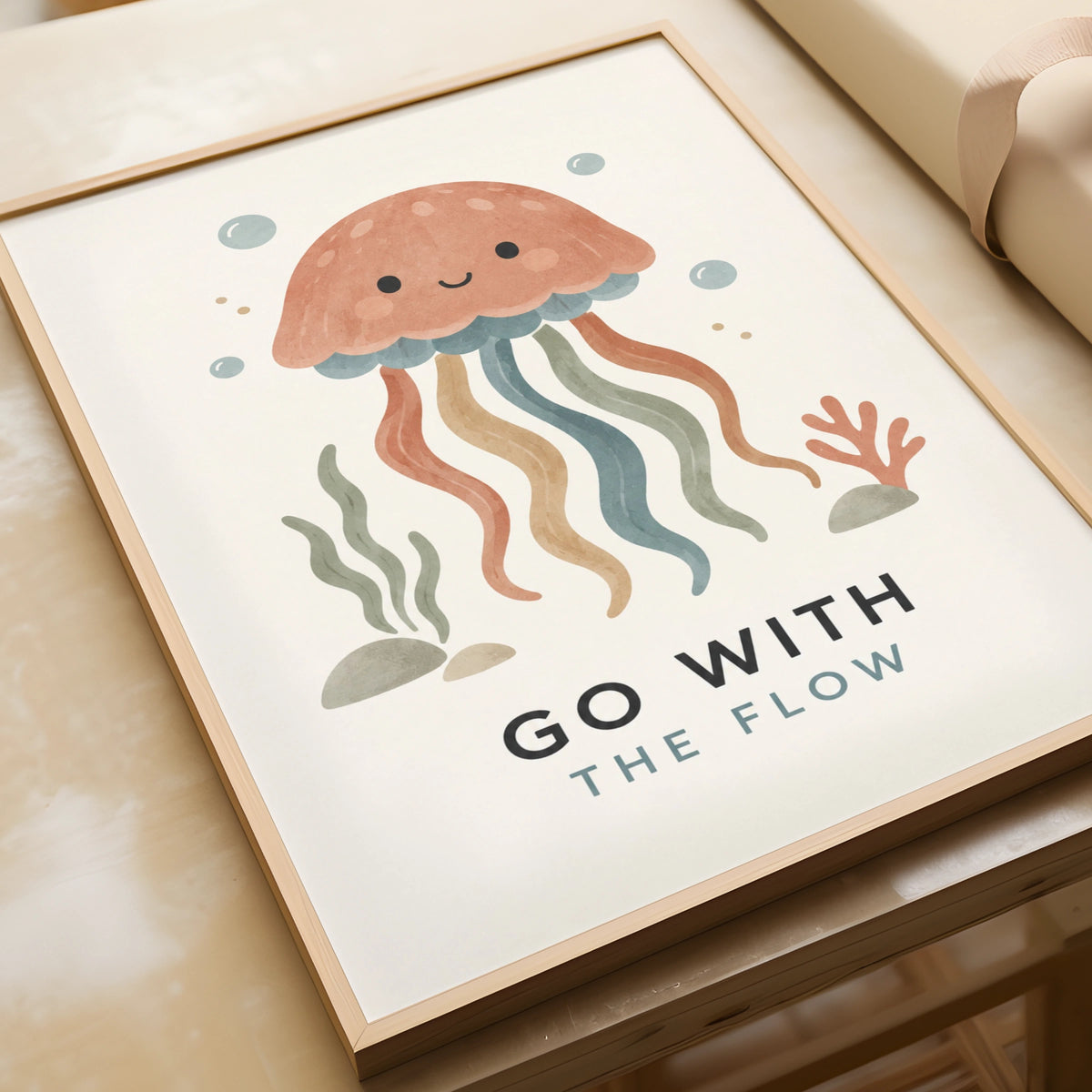 Go With The Flow Jellyfish Poster, Cute Ocean Kids Wall Art, Boho Nursery Print