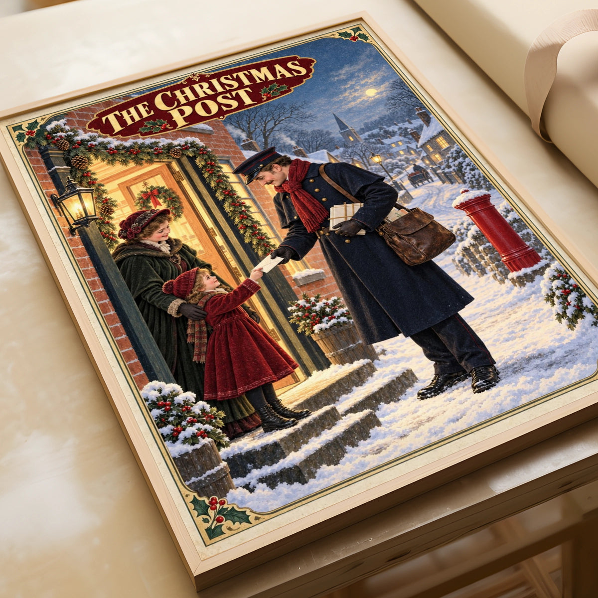 Victorian Christmas Postman Poster, Vintage Snowy Village Wall Art, Festive Holiday Print