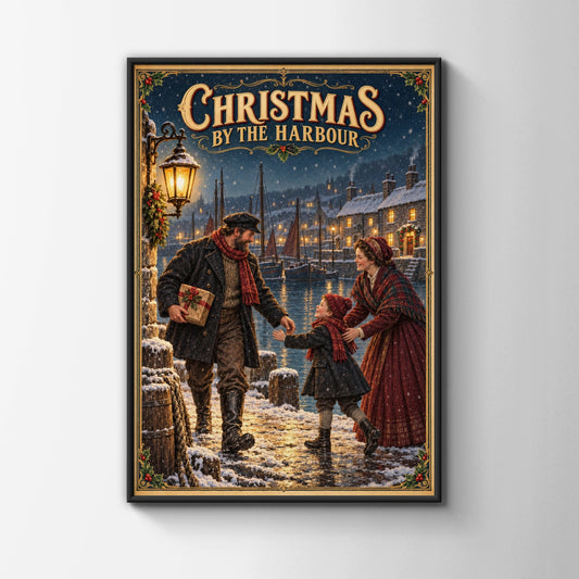 Christmas by the Harbour Poster, Victorian Nautical Xmas Wall Art, Snowy Festive Print