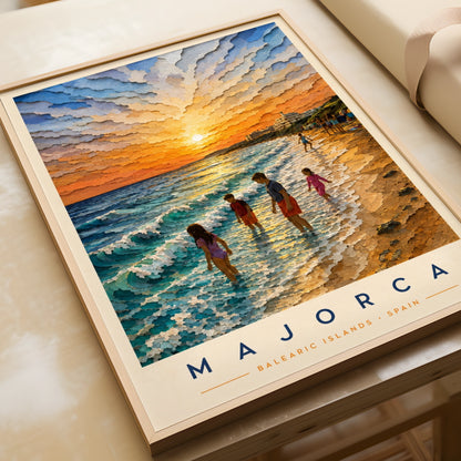 Majorca Travel Poster, Balearic Islands Spain Beach Sunset Wall Art Print