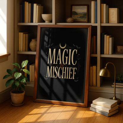 Magic and Mischief Halloween Wall Art, Witchy Poster, Dark Gothic Print, Bats Moon Decor