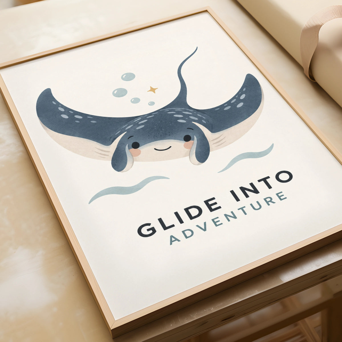 Glide Into Adventure Stingray Poster, Cute Ocean Kids Wall Art, Blue Nursery Print