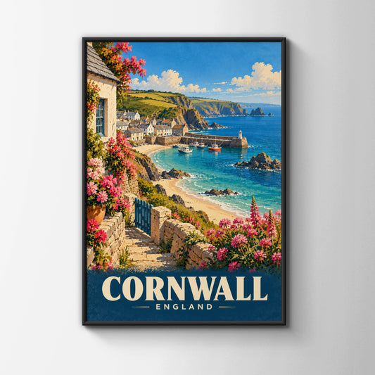 Cornwall England Travel Poster, Vintage Harbour Wall Art, Coastal Village Print