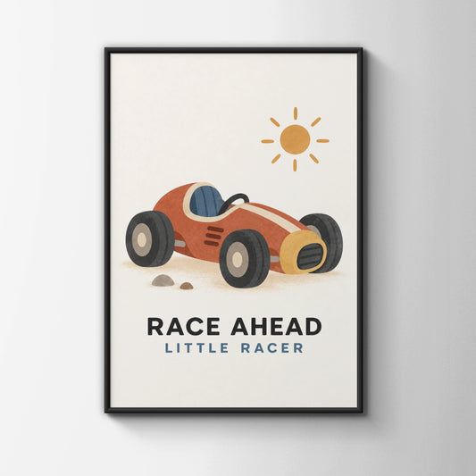 Race Ahead Little Racer Boys Nursery Poster, Vintage Racing Car Kids Wall Art Print