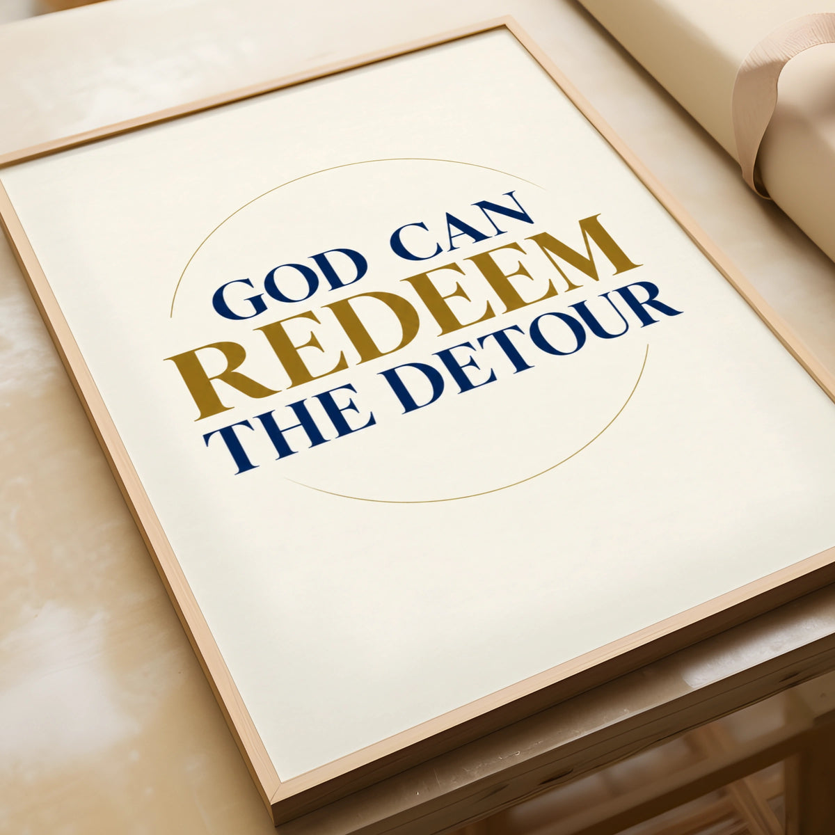 God Can Redeem The Detour Christian Faith Poster, Navy Gold Quote Wall Art Print