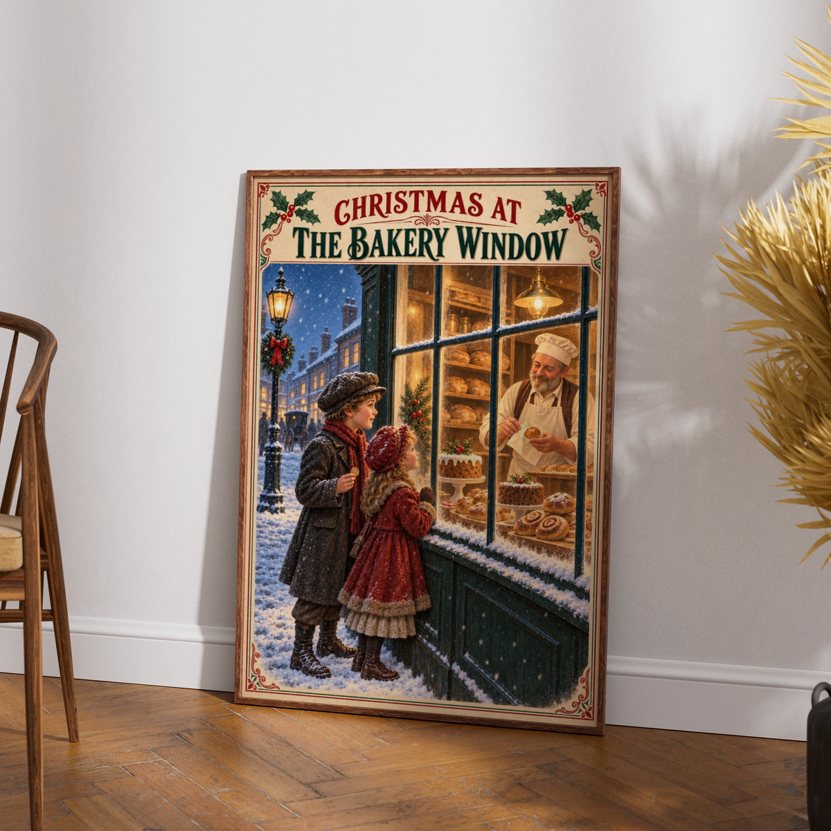 Christmas Bakery Window Poster, Vintage Victorian Snowy Street Wall Art Print