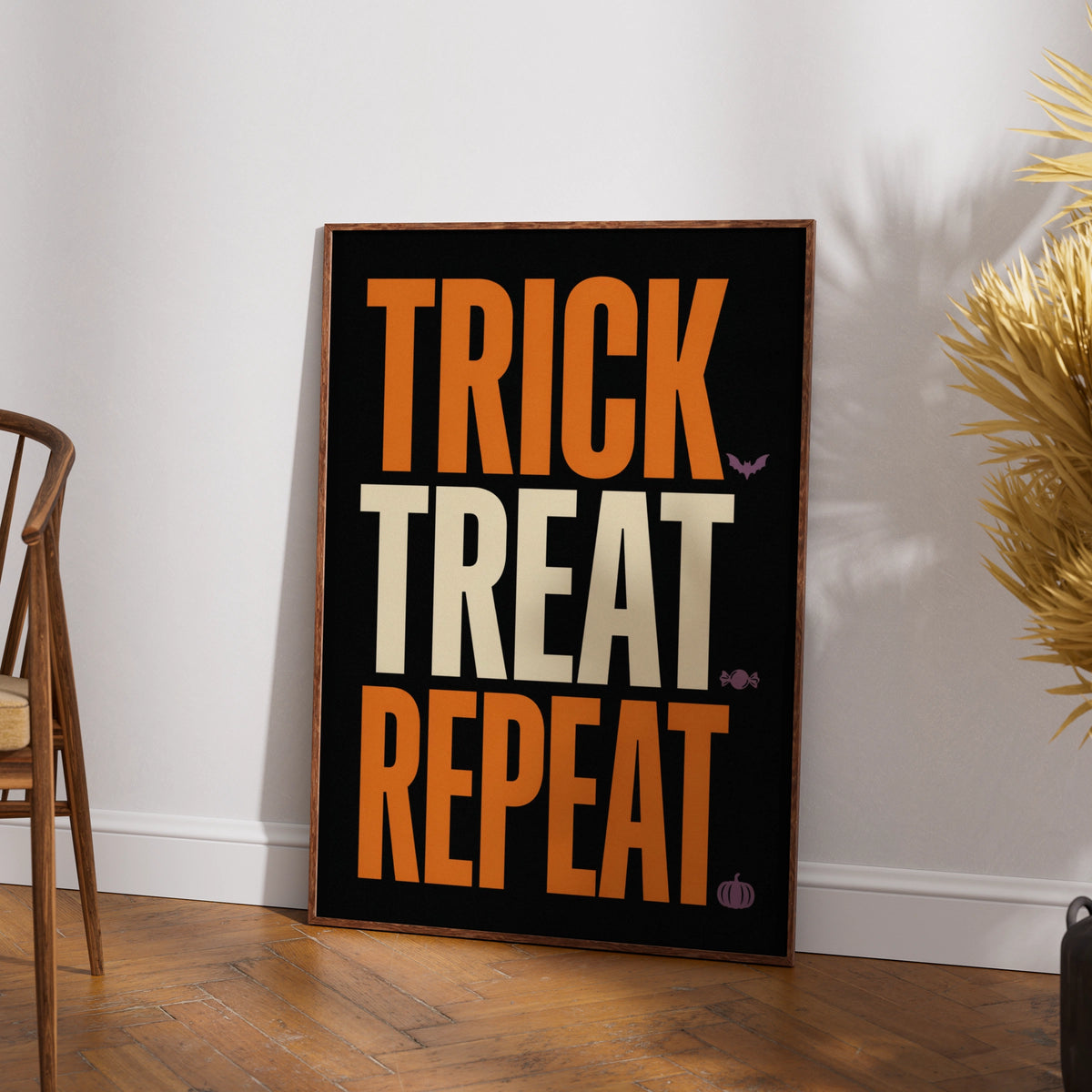 Trick Treat Repeat Halloween Poster, Bold Typography Wall Art, Orange Black Print