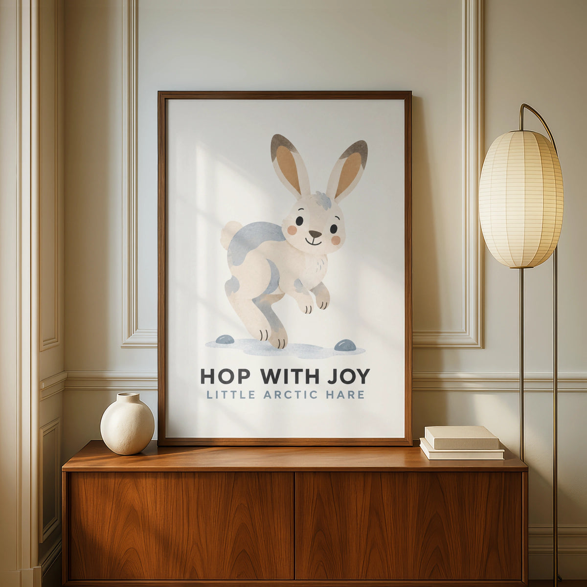 Arctic Hare Kids Poster, Hop With Joy Nursery Wall Art, Cute Rabbit Print, Children's Room Decor