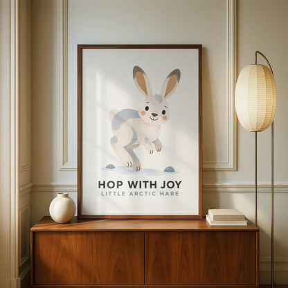 Arctic Hare Kids Poster, Hop With Joy Nursery Wall Art, Cute Rabbit Print, Children's Room Decor