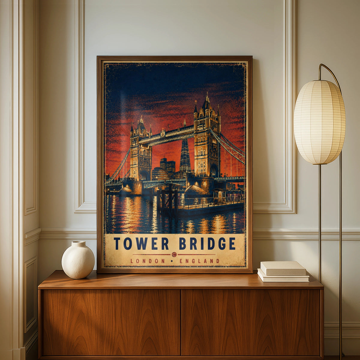 Tower Bridge London Vintage Travel Poster, Retro England Wall Art Print