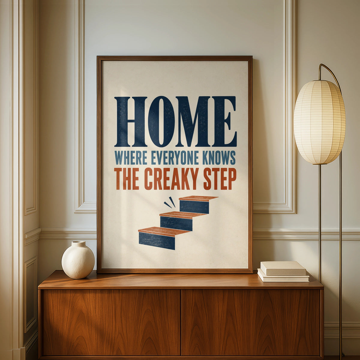 Creaky Step Funny Home Quote Print, Retro Staircase Humour Wall Art, Navy Rust
