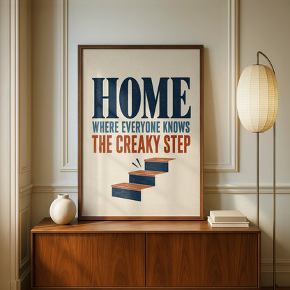 Creaky Step Funny Home Quote Print, Retro Staircase Humour Wall Art, Navy Rust