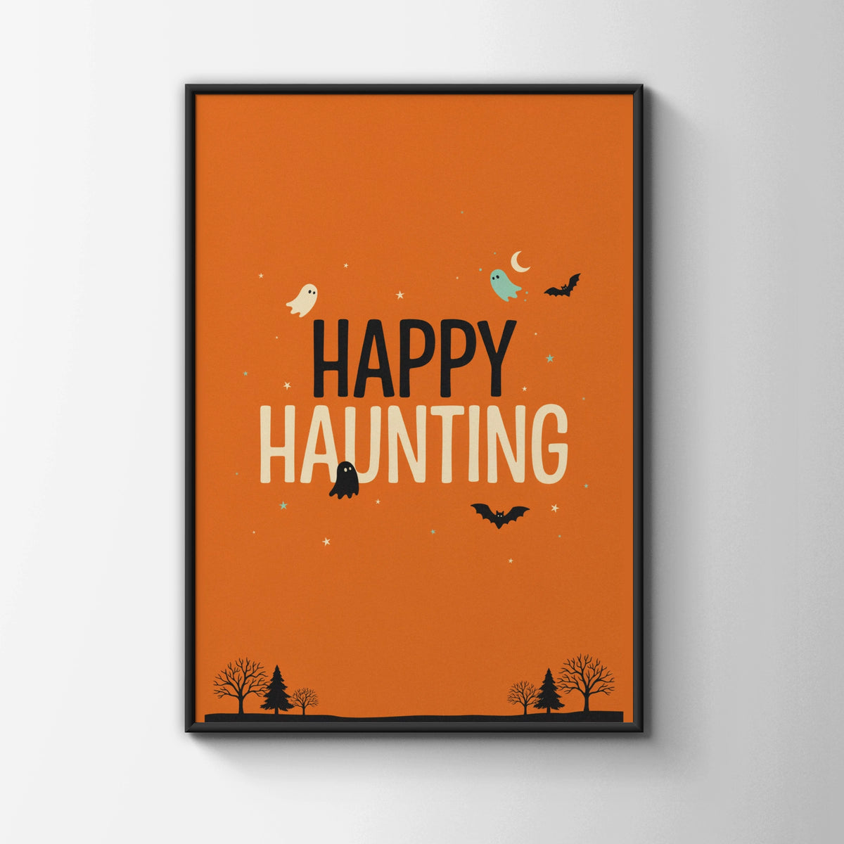 Happy Haunting Halloween Poster, Ghost Bat Orange Wall Art, Spooky Season Print