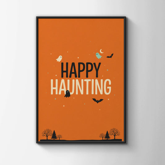 Happy Haunting Halloween Poster, Ghost Bat Orange Wall Art, Spooky Season Print